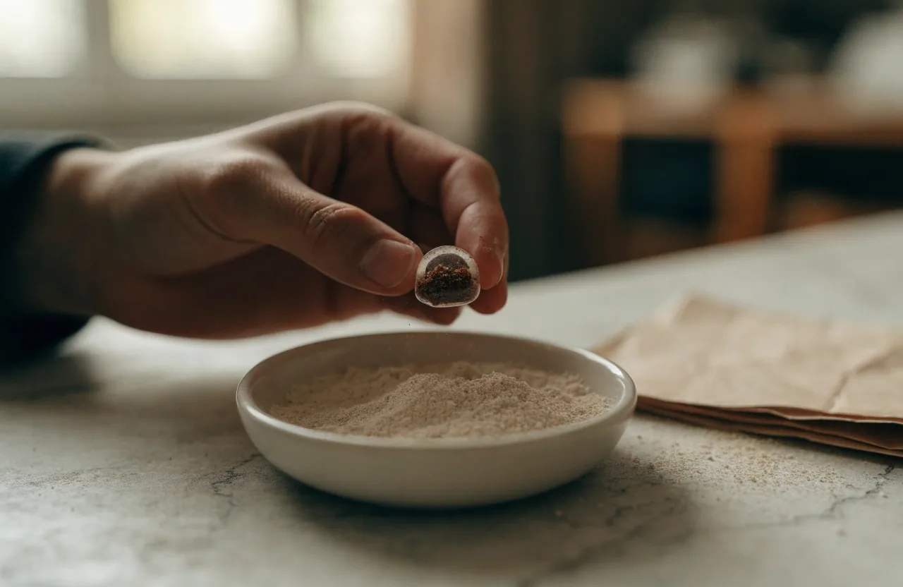 A glass dish of root granule beside an open capsule half on a glass-white counter under even overcast light