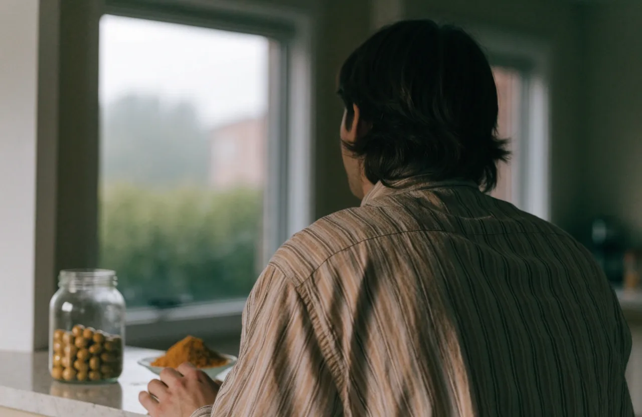A figure seen from behind at a kitchen counter in soft overcast window light, hands resting on the pale surface