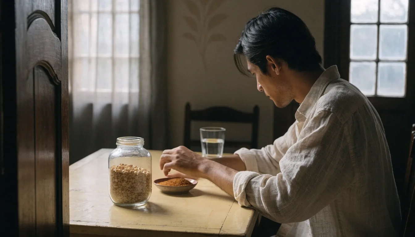 A steel tray with a plain container, a glass of water and a folded linen towel on an ice-white counter in soft afternoon light