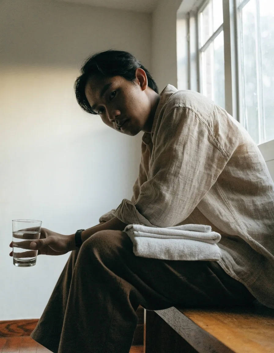 Glass of water and a folded towel on a bright counter by a window