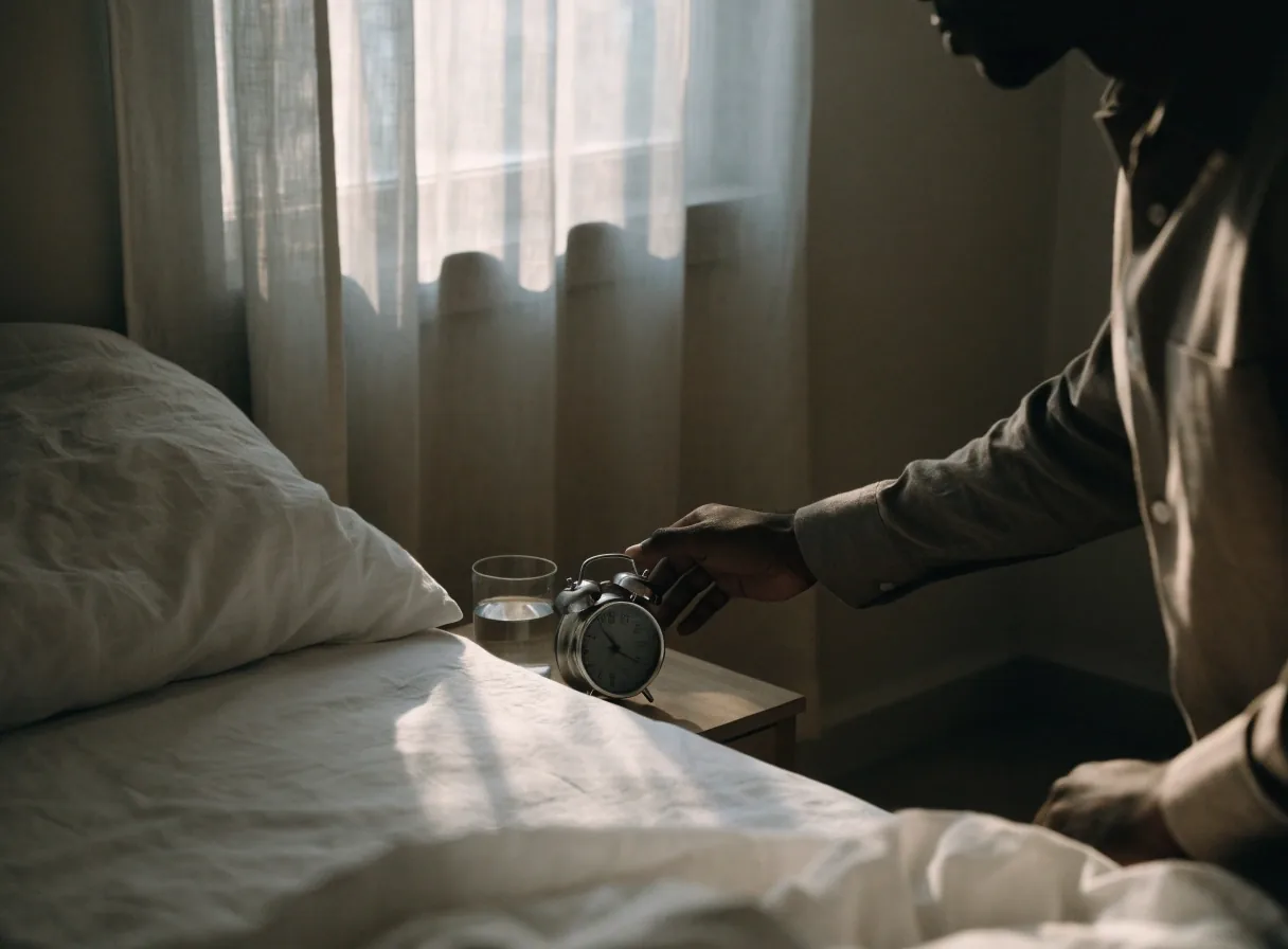 A glass of water and a folded towel on a light counter in overcast morning light, with running shoes out of focus below