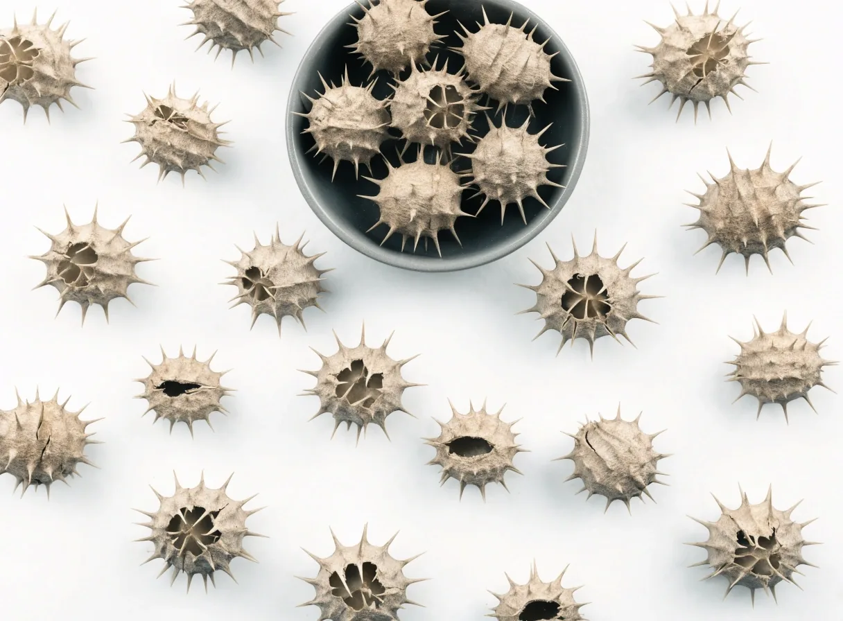 Dried tribulus seed pods in a matte grey bowl on a white surface