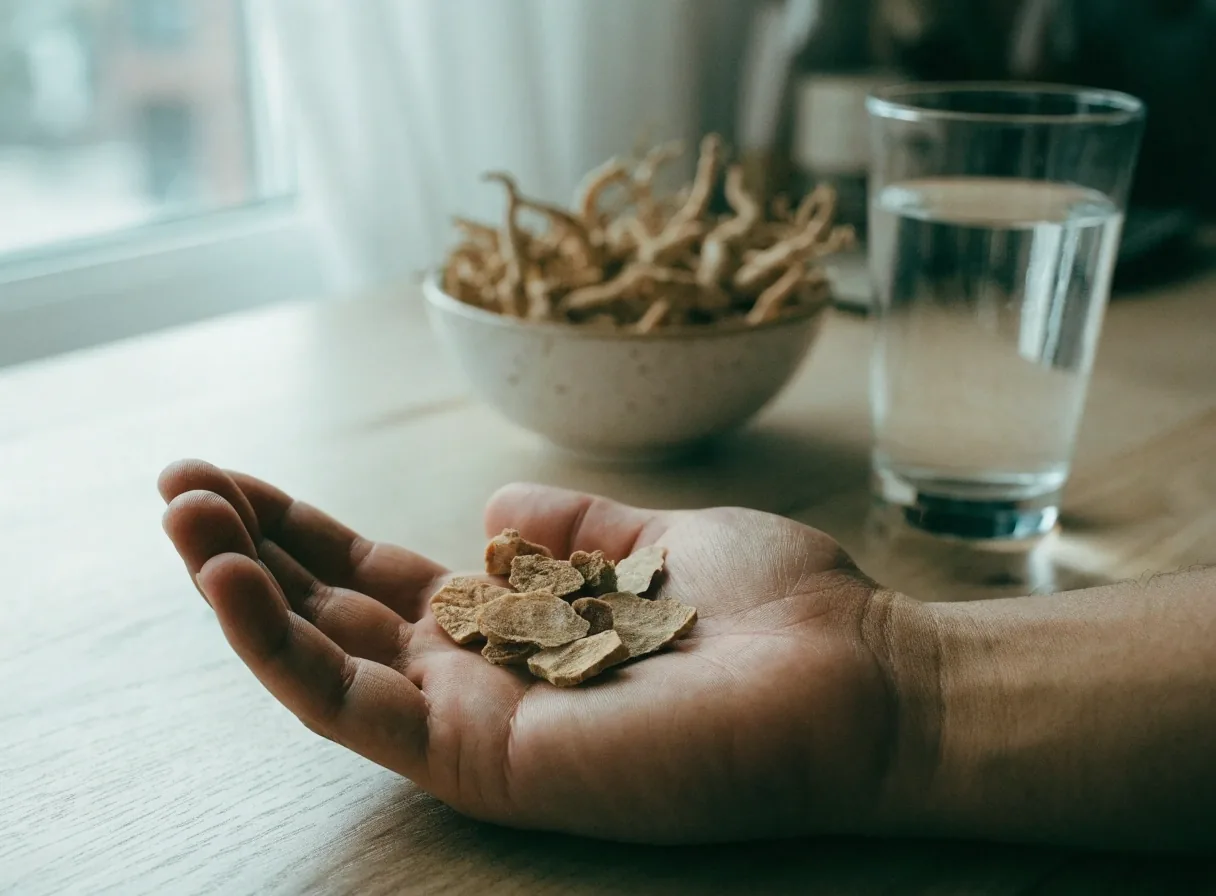 Dried ginseng roots laid on plain paper on a pale worktop