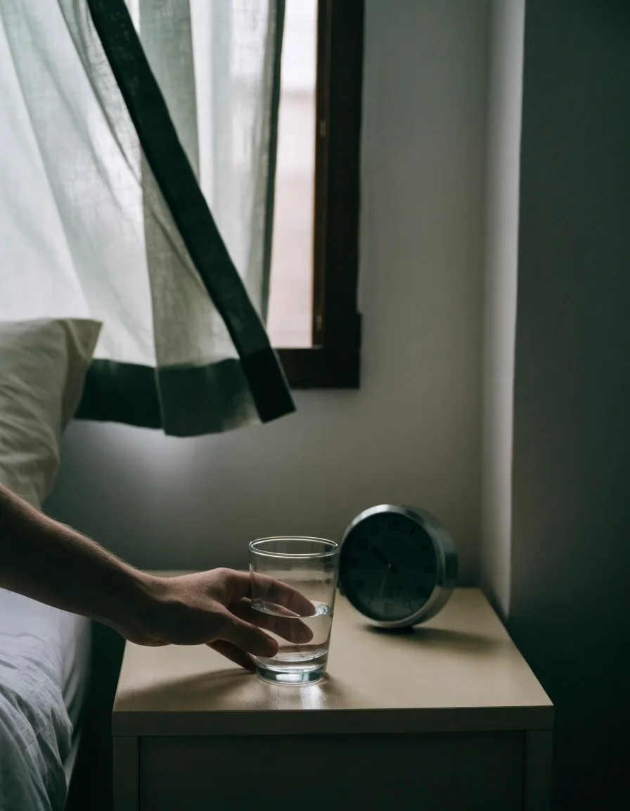 Glass of water and a plain clock on a bedside table in soft grey morning light