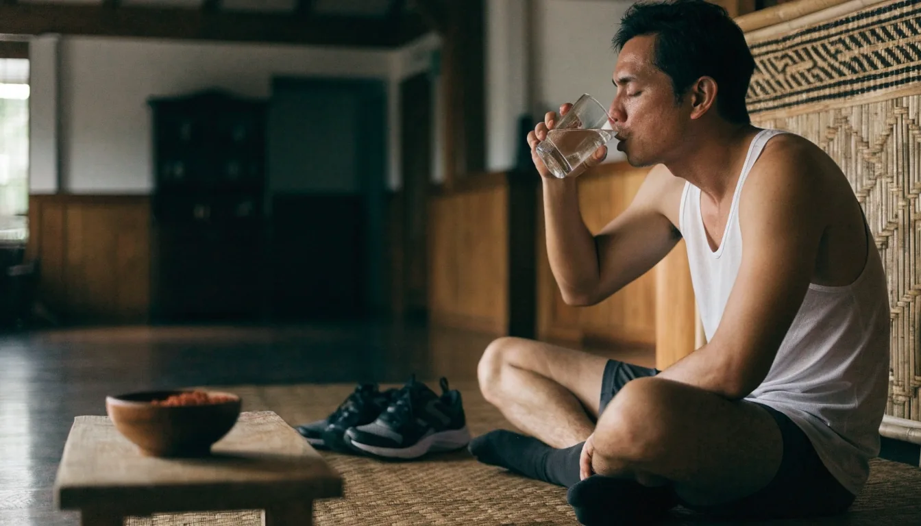 Morning kitchen counter in Yogyakarta with a glass of water, a folded towel, running shoes and a small bowl of herb granules in flat overcast light