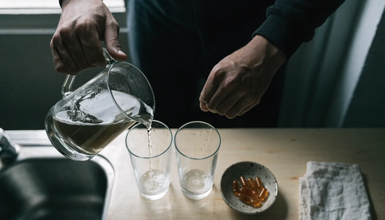 Two people passing a small glass container across a bright kitchen table, hands only in frame