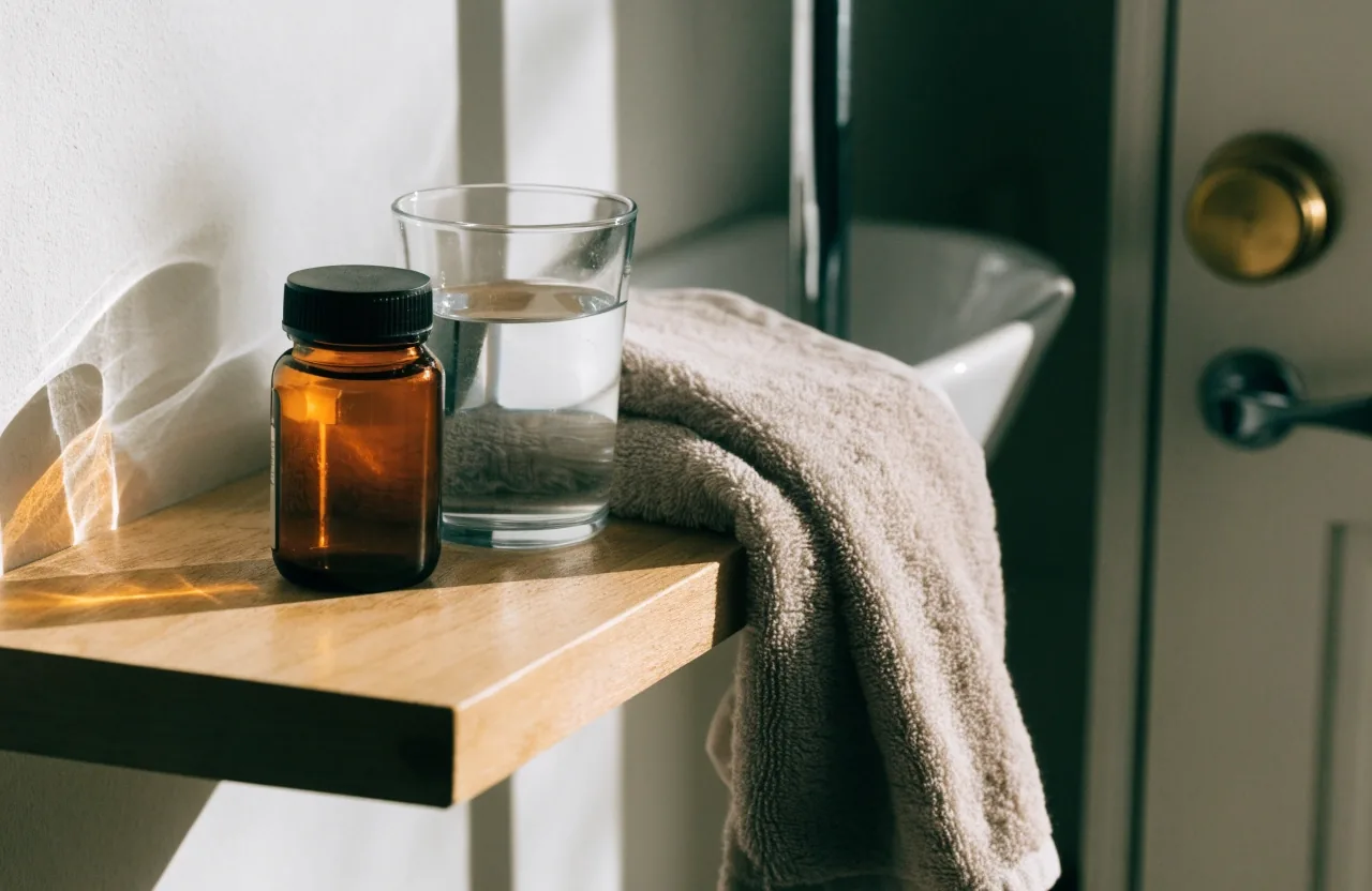 A glass of water, a folded towel and running shoes on a counter in soft morning light