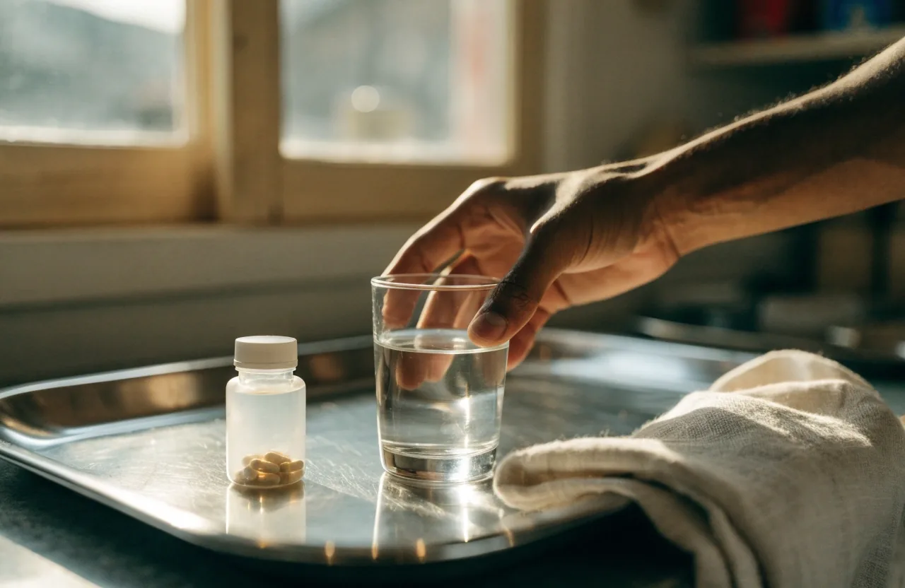 A steel tray with a container, a glass of water and a linen towel in afternoon window light