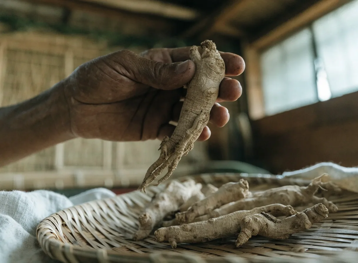 Dried ginseng root on unprinted tissue paper