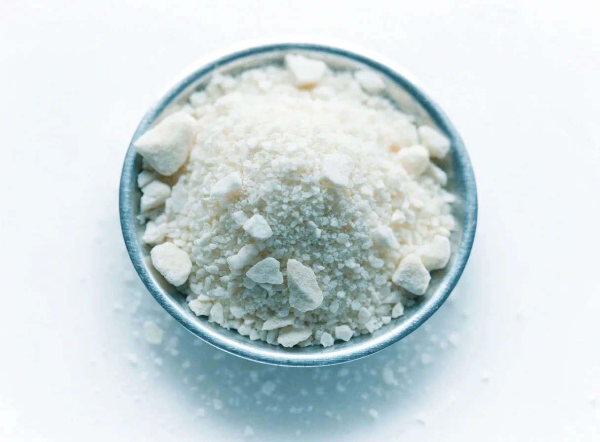 Pale maca root granules in a shallow steel dish on a white counter
