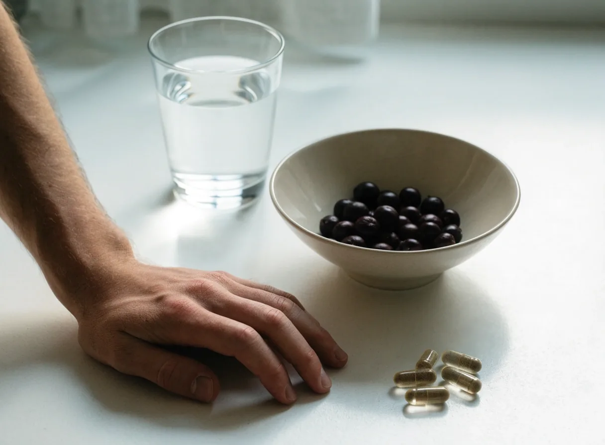 Saw palmetto berries in a matte ceramic bowl on a white counter