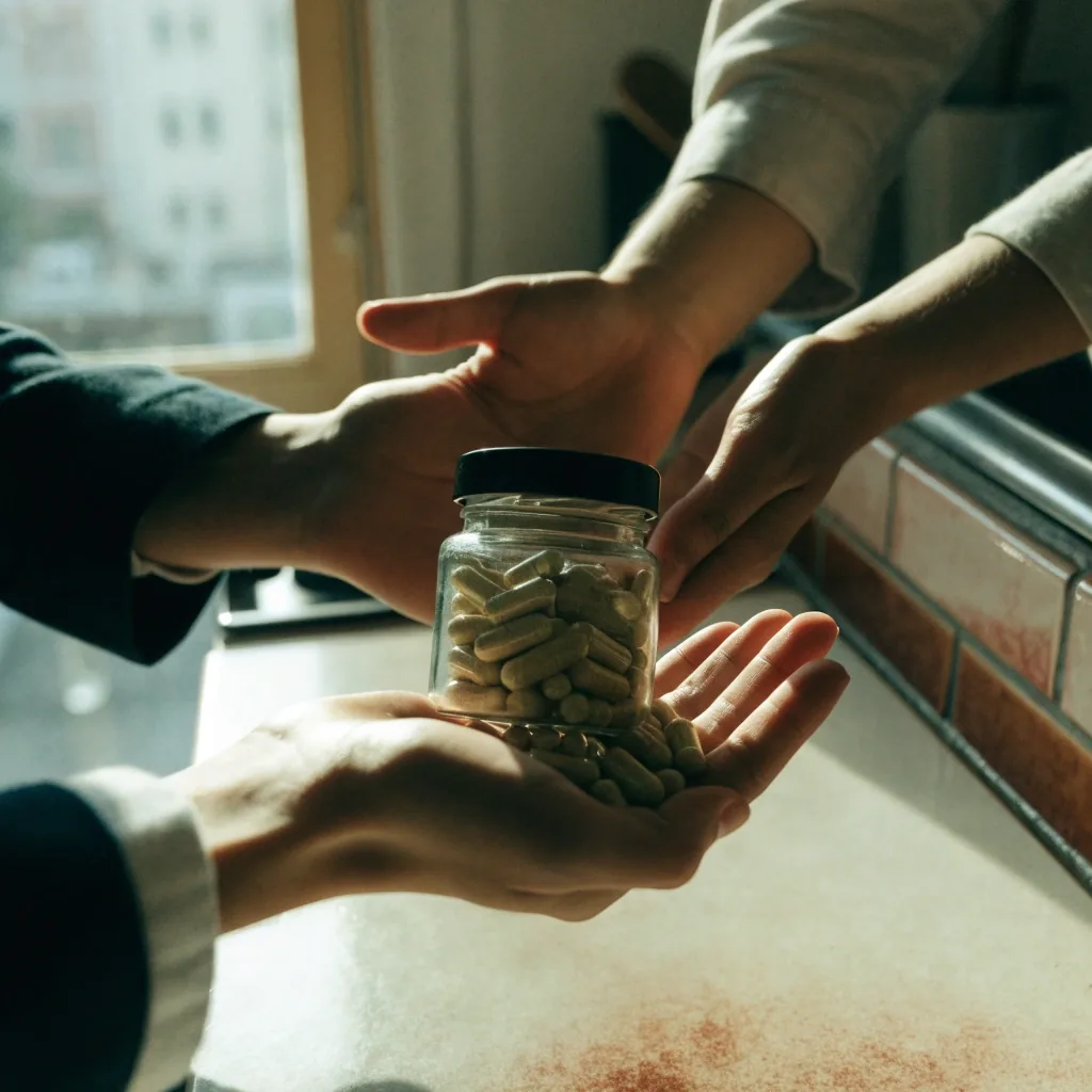 Two pairs of hands passing a small glass container across a table