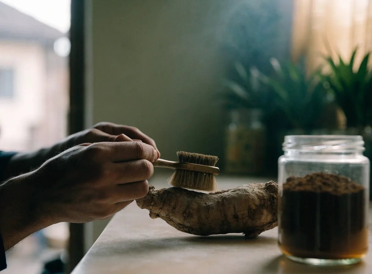 Dried ginseng roots with one cut open showing a creamy interior on a white surface