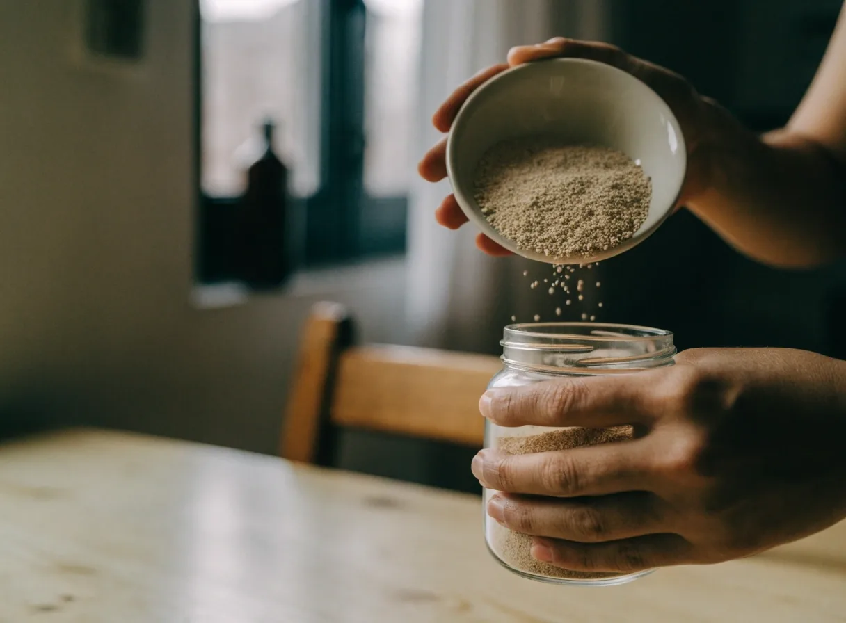 Pale maca root granules heaped in a shallow steel dish on an ice-white counter