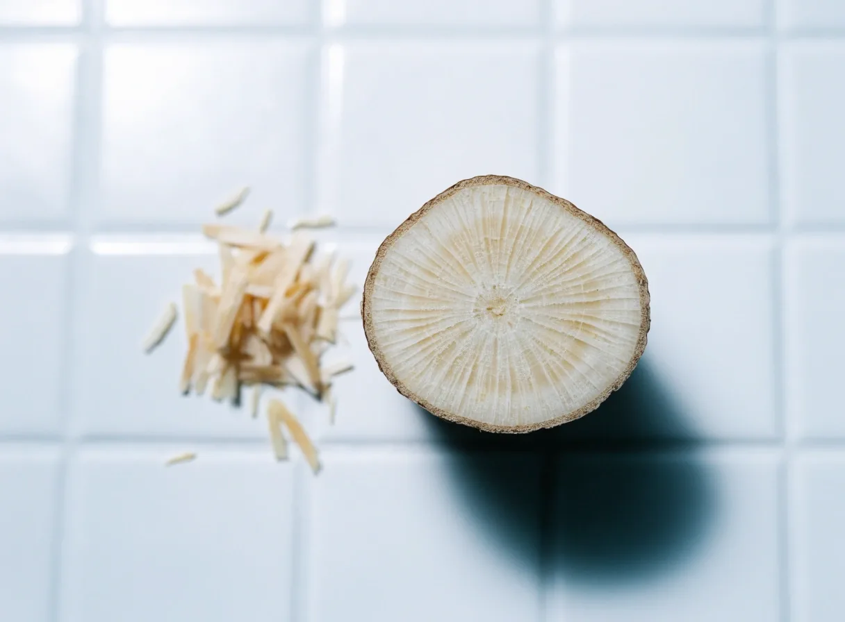 Pasak bumi root cross-section beside dried shavings on an ice-white tile
