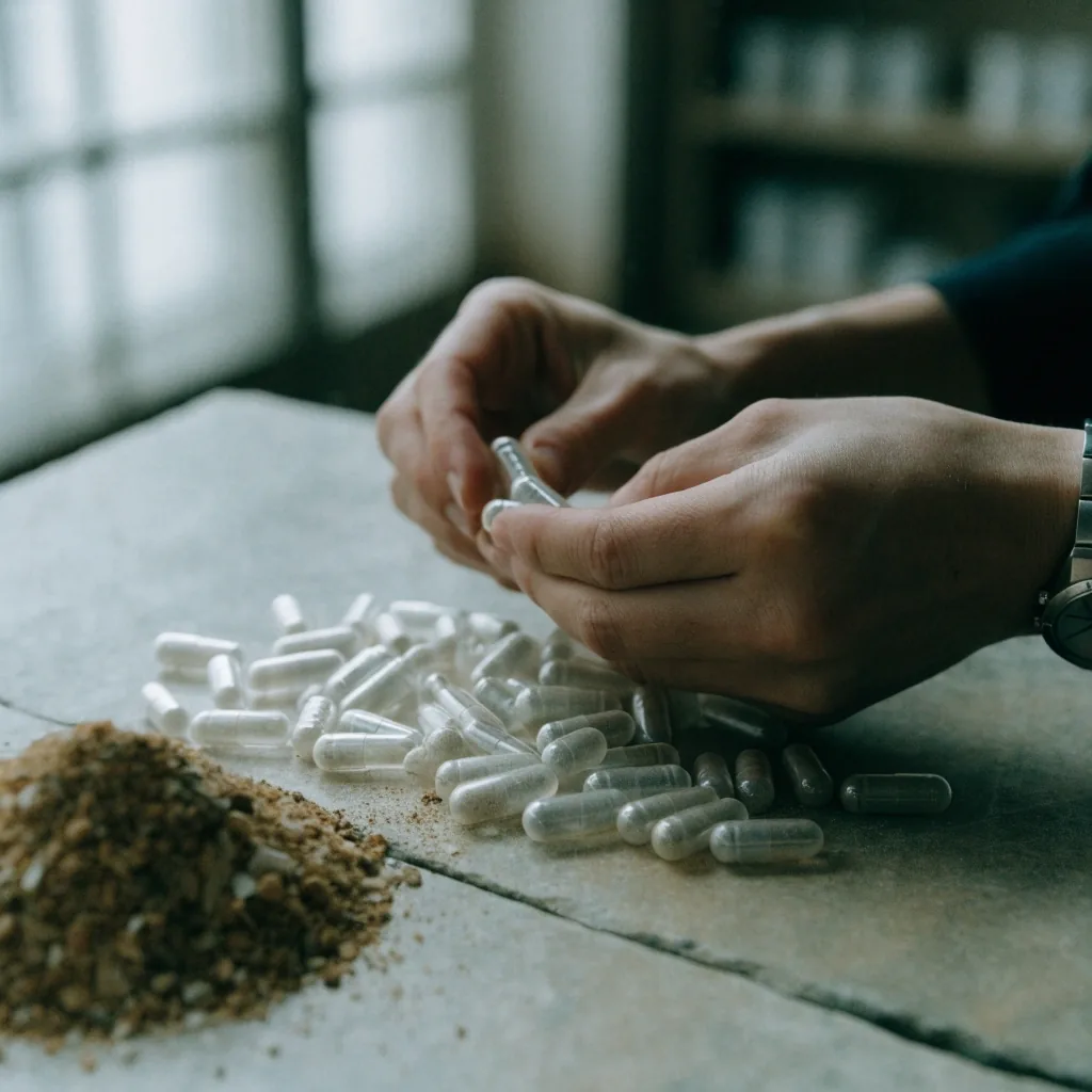 A man's hands arranging empty capsules and a shallow bowl of extract granules on an ice-white workbench in overcast daylight