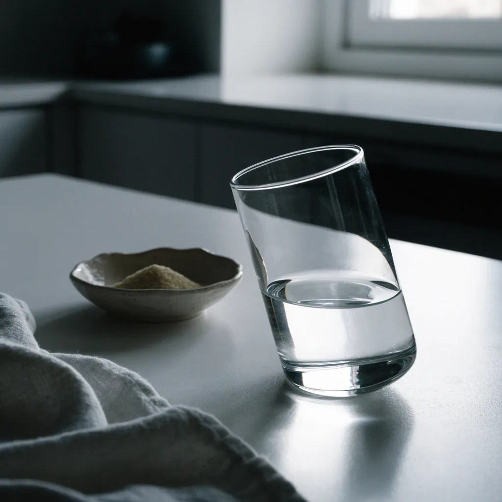 A glass of water and a small dish of granules on an ice-white counter in overcast daylight