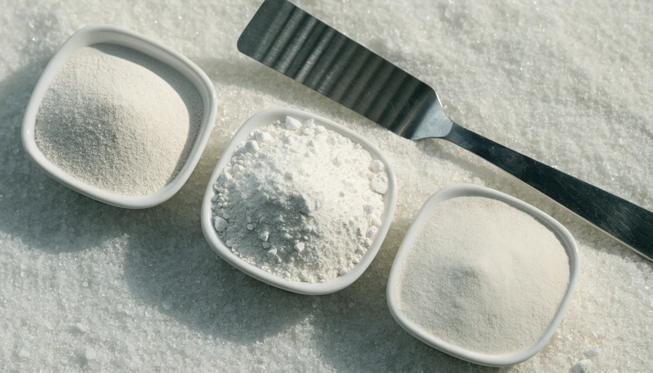 Three small dishes of mineral ingredients arranged on an ice-white surface beside a steel spatula