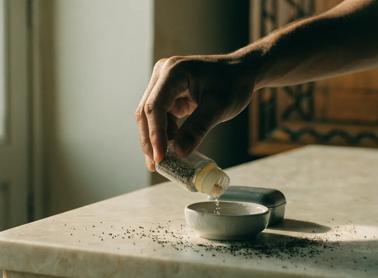 An unbranded supplement bottle and a smaller container on a pale tile with a tray of granules