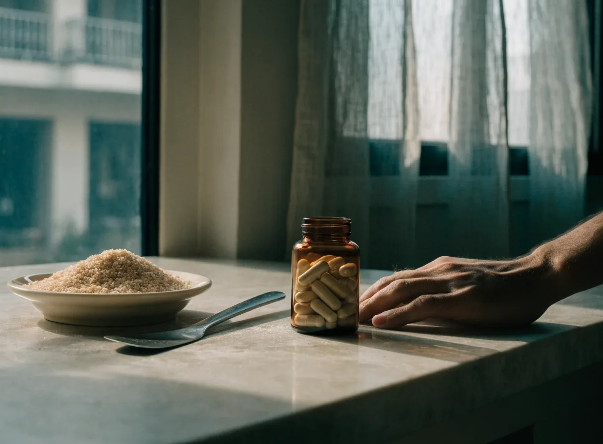 An unbranded amber supplement bottle on a pale counter with a dish of granules