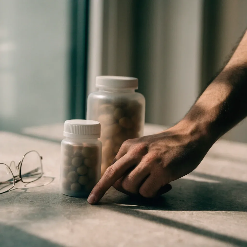 Two unbranded supplement containers of different sizes beside folded reading glasses on a pale surface