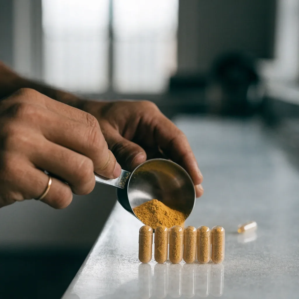Ice-white compounding counter with extract granules and empty capsules under overcast light