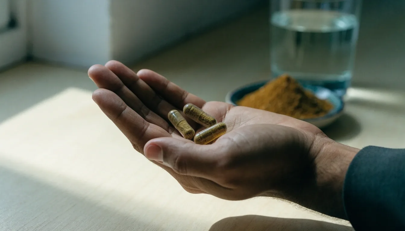Steel tray, glass of water and folded towel on a clean counter in overcast window light