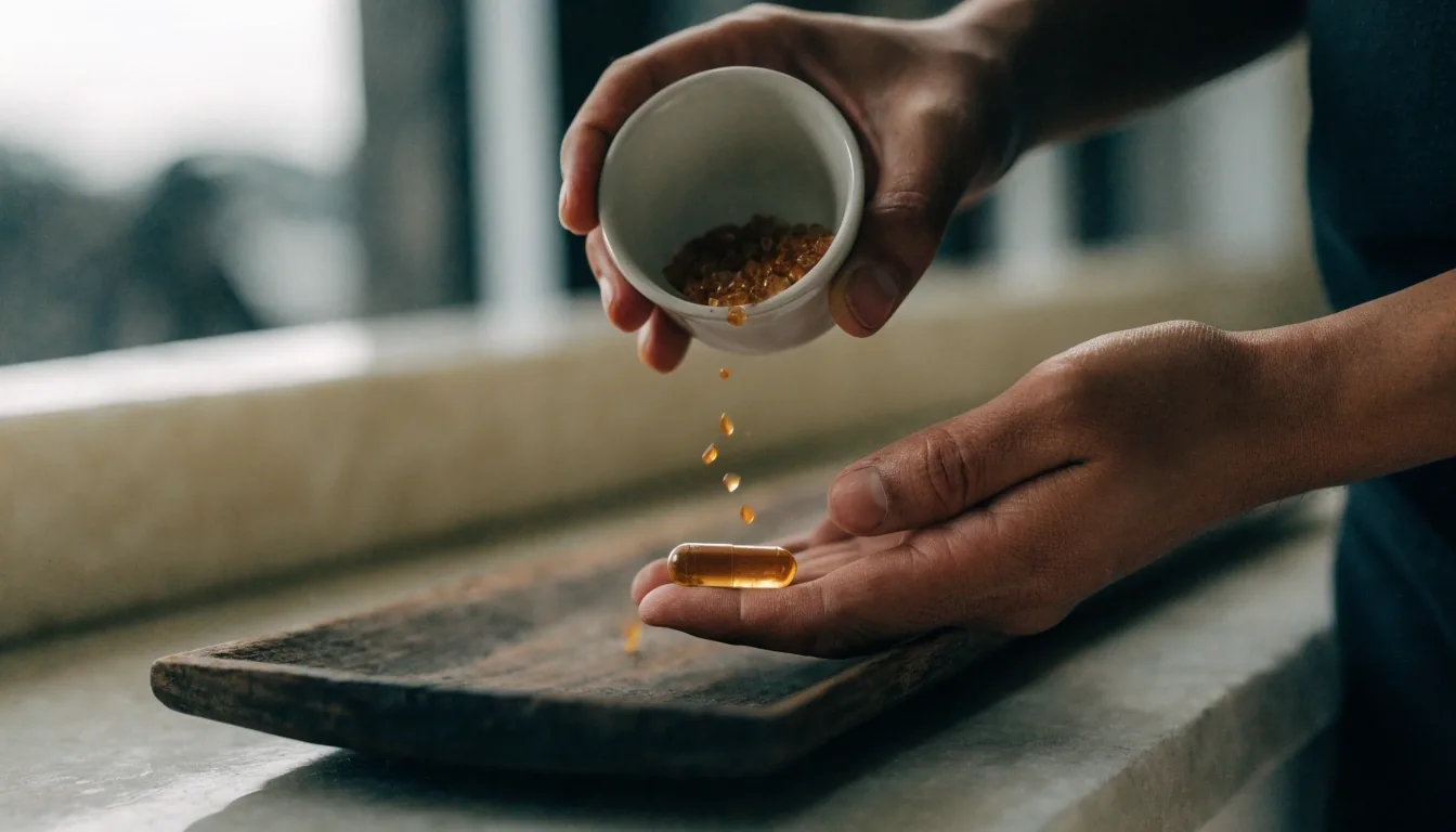 Top-down view of an extract dish and open capsules on a clean tabletop